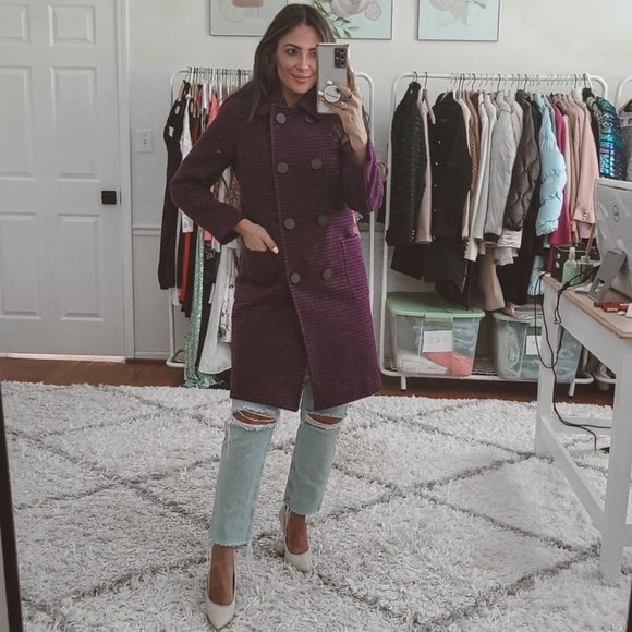 Balenciaga Purple & Black Check 100% Virgin Wool Pea Coat - Picture 9 of 11